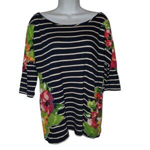 Meadow Rue Top M Cotton Stretch Knit Pullover Floral Appliques 3/4 Dolman Sleeve